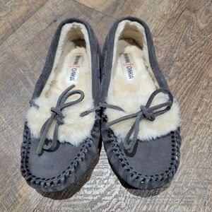 Minnetonka Warm Gray Moccasins with Plush Lining